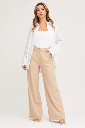 Beige Pants Pleats Detail Wide Leg