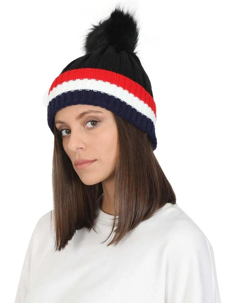 FabSeasons Acrylic Black Woolen Winter skull cap with faux fur lining.