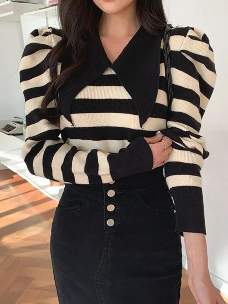 Fashionkova  Striped Women Sweater Puff Sleeve Autumn Turn-Down Collar Knitted Pullover Korean Fashion Womens Clothes Jumpers Winter Sweaters