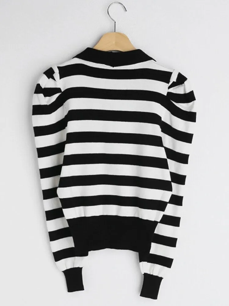 Fashionkova  Striped Women Sweater Puff Sleeve Autumn Turn-Down Collar Knitted Pullover Korean Fashion Womens Clothes Jumpers Winter Sweaters