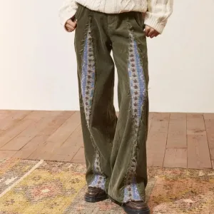 Girlary Trousers Corduroy Patchwork Green High Waist Fashion Vintage Casual Loose Design Pants For Women Spring Autumn All Match