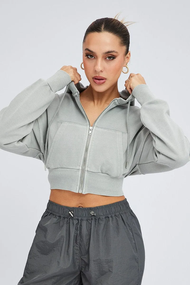 Grey Zip Hoodie Long Sleeve Crop