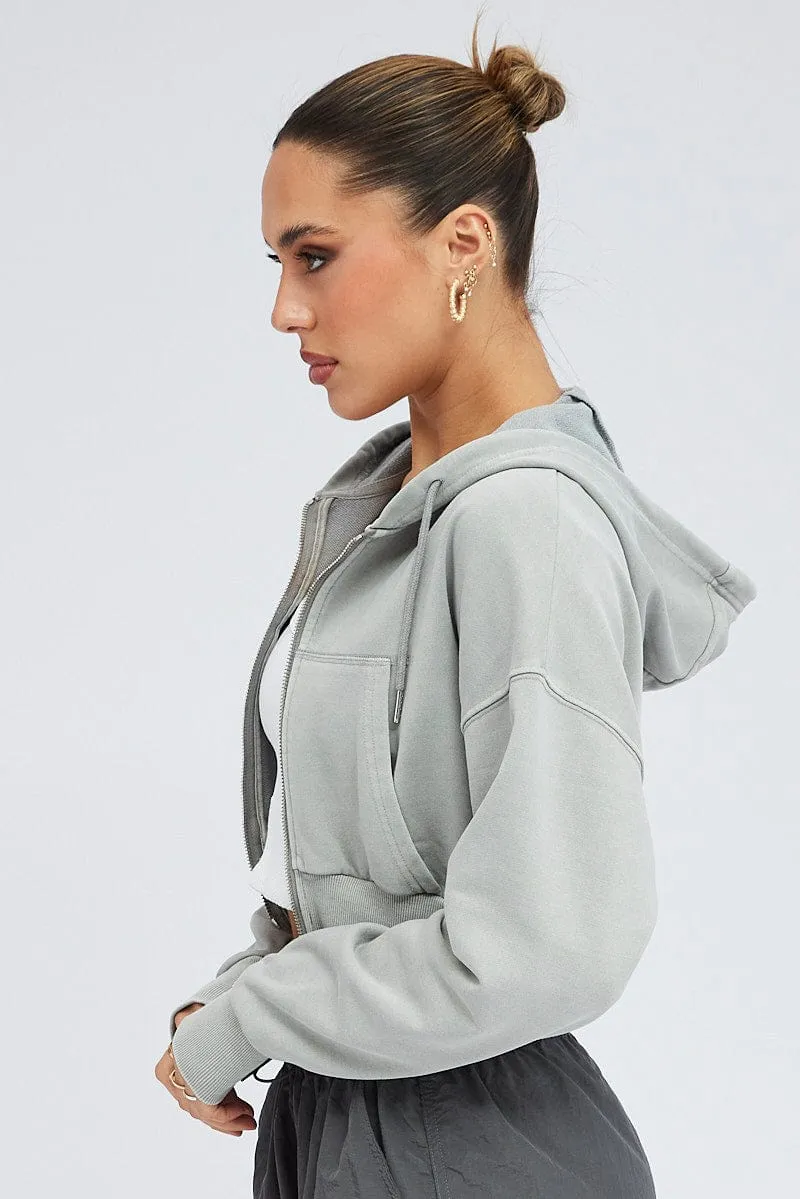 Grey Zip Hoodie Long Sleeve Crop