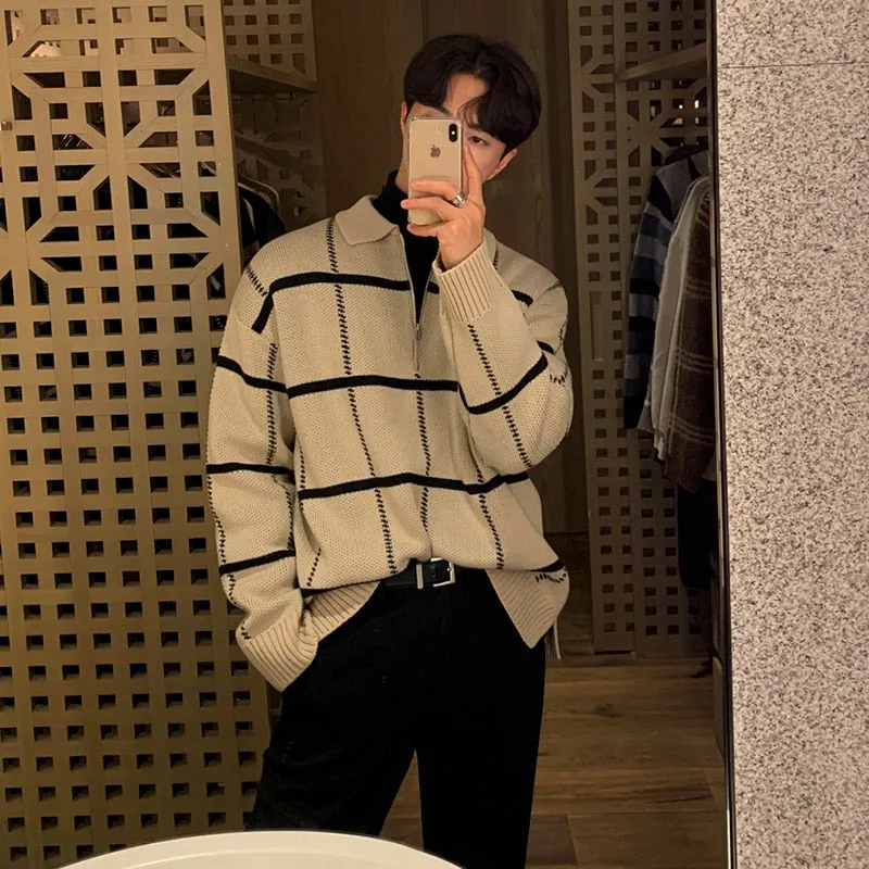 [Korean Style] 2 Colors Wool Lapel Collar Zip Sweaters