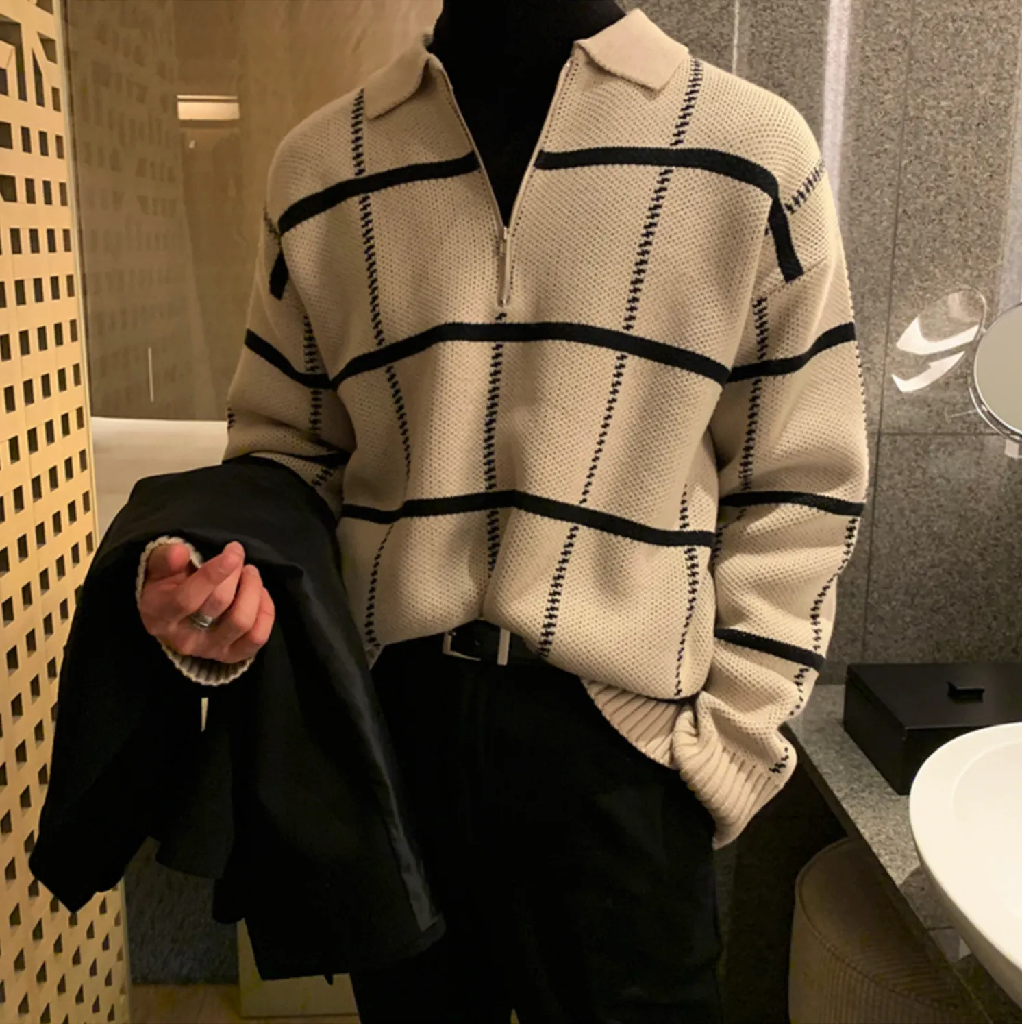 [Korean Style] 2 Colors Wool Lapel Collar Zip Sweaters