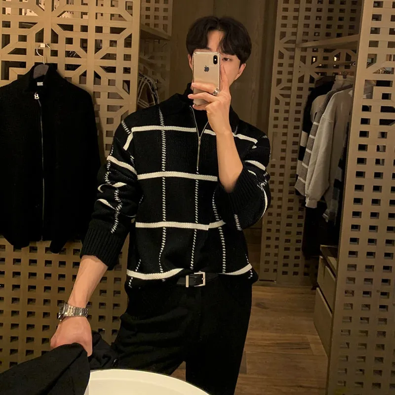 [Korean Style] 2 Colors Wool Lapel Collar Zip Sweaters