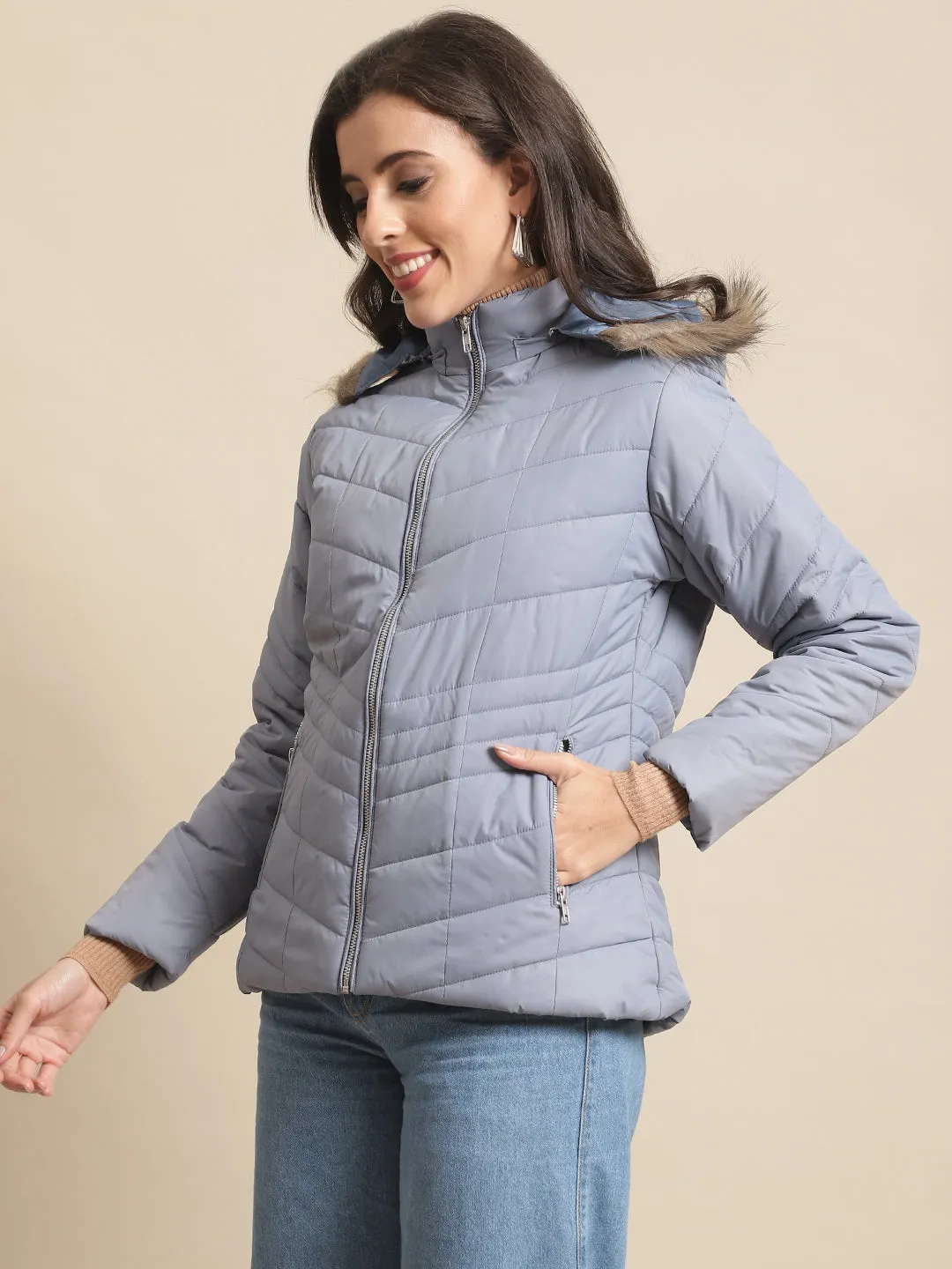Women's Casual  Blue Quilted Detachable Hood with Faux Fur trim Jacket